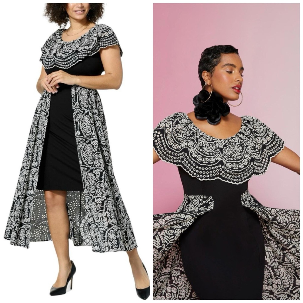 C Wonder by Christian Siriano Runway Ruffle Eyelet Dress Black‎ S Embroidered